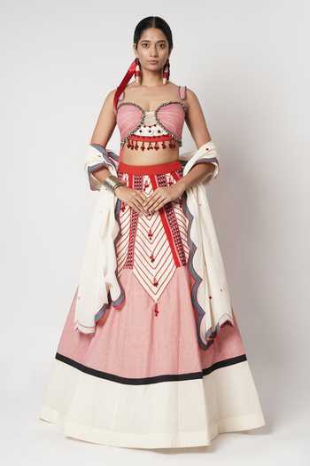 Buy_Shwetanga_Pink Cotton Beads, Tassels Sweetheart Neck Gamcha Beaded Cord Lehenga Set _at_Aza_Fashions