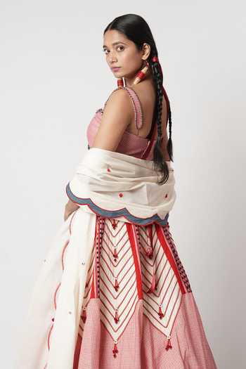 Shop_Shwetanga_Pink Cotton Beads, Tassels Sweetheart Neck Gamcha Beaded Cord Lehenga Set _at_Aza_Fashions