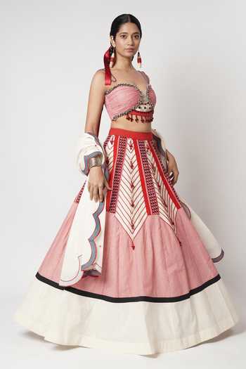 Buy_Shwetanga_Pink Cotton Beads, Tassels Sweetheart Neck Gamcha Beaded Cord Lehenga Set _Online_at_Aza_Fashions