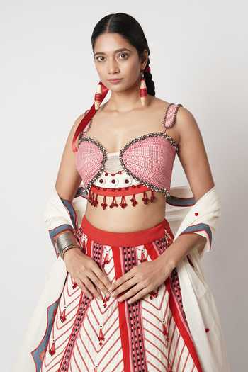 Shop_Shwetanga_Pink Cotton Beads, Tassels Sweetheart Neck Gamcha Beaded Cord Lehenga Set _Online_at_Aza_Fashions