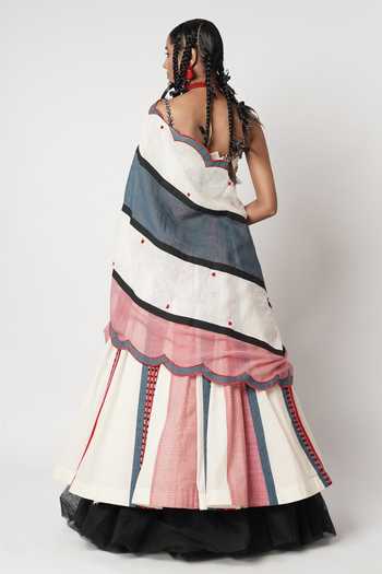 Shop_Shwetanga_Multi Color Cotton Beads Sweetheart Neck Colorblock Panelled Lehenga Set _at_Aza_Fashions
