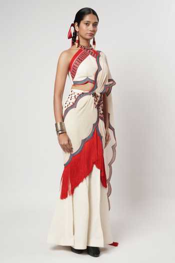 Shwetanga_Ivory Cotton, Linen Fringe Halter Neck Scallop Pre-draped Saree With Blouse _Online_at_Aza_Fashions