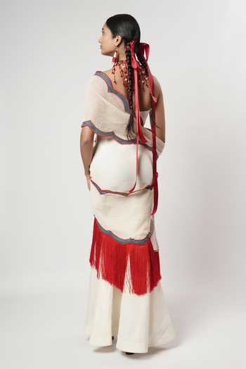 Shop_Shwetanga_Ivory Cotton, Linen Fringe Halter Neck Scallop Pre-draped Saree With Blouse _at_Aza_Fashions