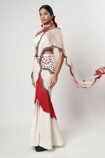 Buy_Shwetanga_Ivory Cotton, Linen Fringe Halter Neck Scallop Pre-draped Saree With Blouse _Online_at_Aza_Fashions