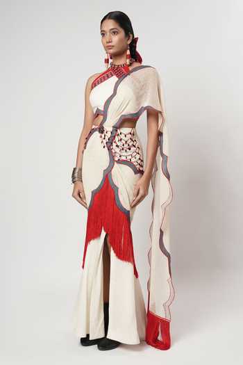 Shop_Shwetanga_Ivory Cotton, Linen Fringe Halter Neck Scallop Pre-draped Saree With Blouse _Online_at_Aza_Fashions