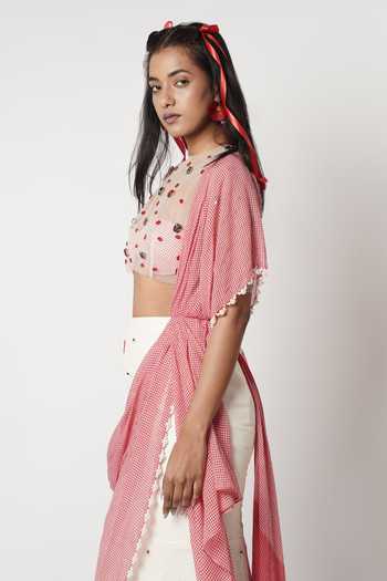 Shwetanga_Red Cotton, Linen, Tulle Pearls, Crystals, Gamcha Pre-draped Saree With Blouse _Online_at_Aza_Fashions