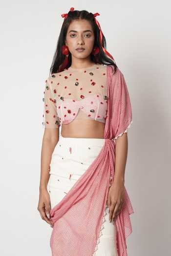 Buy_Shwetanga_Red Cotton, Linen, Tulle Pearls, Crystals, Gamcha Pre-draped Saree With Blouse _Online_at_Aza_Fashions