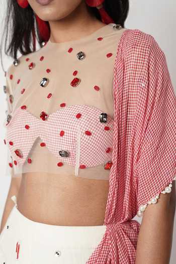 Shop_Shwetanga_Red Cotton, Linen, Tulle Pearls, Crystals, Gamcha Pre-draped Saree With Blouse _Online_at_Aza_Fashions