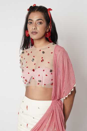 Shwetanga_Red Cotton, Linen, Tulle Pearls, Crystals, Gamcha Pre-draped Saree With Blouse _at_Aza_Fashions
