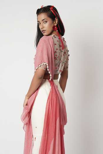 Shop_Shwetanga_Red Cotton, Linen, Tulle Pearls, Crystals, Gamcha Pre-draped Saree With Blouse _at_Aza_Fashions