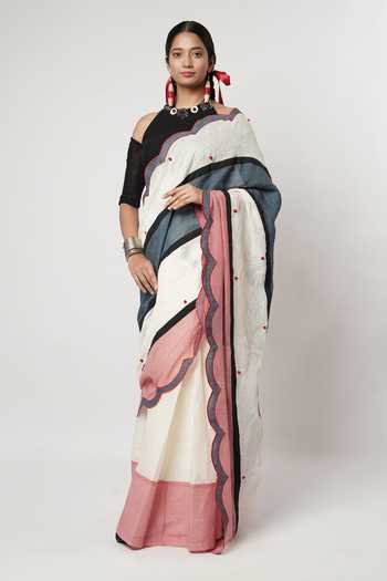 Shwetanga_Ivory Cotton, Linen Embroidery Gamcha Colorblock Scallop Saree With Blouse _Online_at_Aza_Fashions