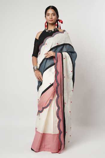 Buy_Shwetanga_Ivory Cotton, Linen Embroidery Gamcha Colorblock Scallop Saree With Blouse _Online_at_Aza_Fashions