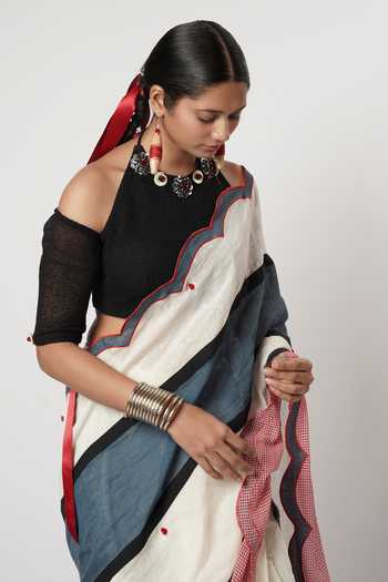 Shop_Shwetanga_Ivory Cotton, Linen Embroidery Gamcha Colorblock Scallop Saree With Blouse _Online_at_Aza_Fashions
