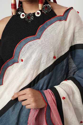 Shwetanga_Ivory Cotton, Linen Embroidery Gamcha Colorblock Scallop Saree With Blouse _at_Aza_Fashions