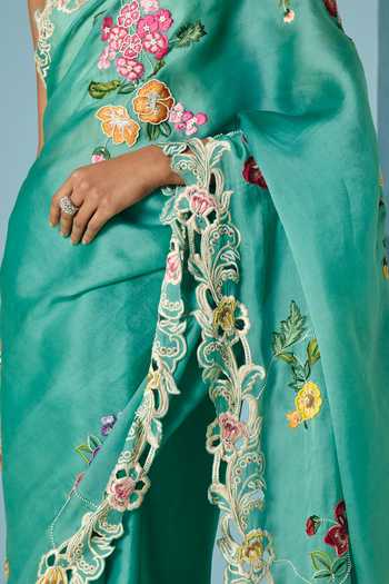 Chandrima_Blue , Organza, Chanderi, Border Saree With Unstitched Blouse Piece _Online_at_Aza_Fashions