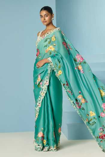 Buy_Chandrima_Blue , Organza, Chanderi, Border Saree With Unstitched Blouse Piece _at_Aza_Fashions