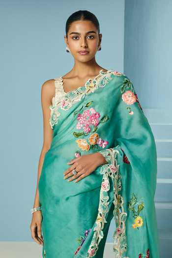 Shop_Chandrima_Blue , Organza, Chanderi, Border Saree With Unstitched Blouse Piece _at_Aza_Fashions