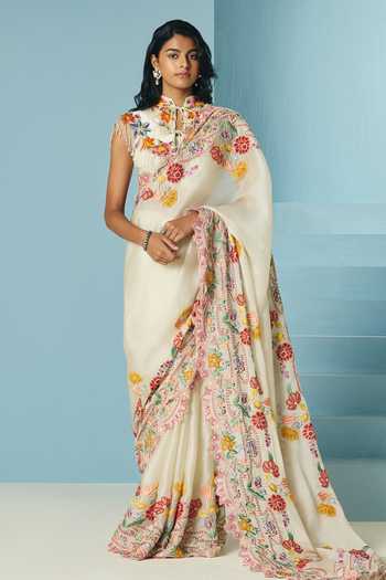 Buy_Chandrima_Ivory Silk Organza, Chanderi Placement Saree With Unstitched Blouse Piece _at_Aza_Fashions