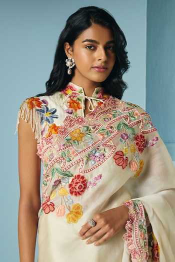 Shop_Chandrima_Ivory Silk Organza, Chanderi Placement Saree With Unstitched Blouse Piece _at_Aza_Fashions