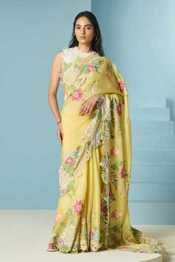 Buy_Chandrima_Yellow Silk Organza, Chanderi Beads, Floral Saree With Unstitched Blouse Piece _at_Aza_Fashions