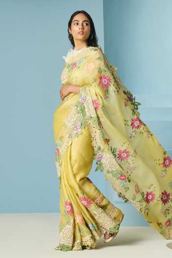Shop_Chandrima_Yellow Silk Organza, Chanderi Beads, Floral Saree With Unstitched Blouse Piece _at_Aza_Fashions