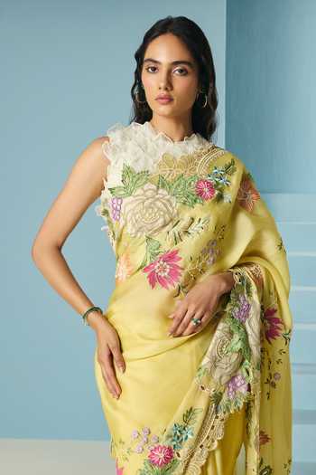 Chandrima_Yellow Silk Organza, Chanderi Beads, Floral Saree With Unstitched Blouse Piece _Online_at_Aza_Fashions