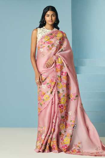 Buy_Chandrima_Pink Silk, Organza, Blush Bougainvillea Saree With Unstitched Blouse Piece _at_Aza_Fashions