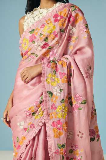 Chandrima_Pink Silk, Organza, Blush Bougainvillea Saree With Unstitched Blouse Piece _Online_at_Aza_Fashions