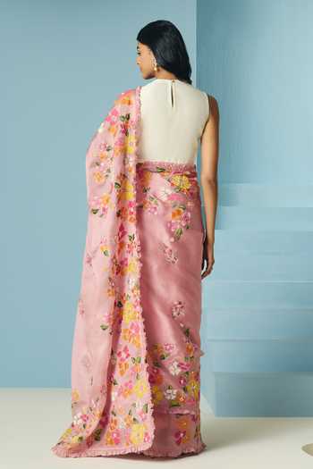 Shop_Chandrima_Pink Silk, Organza, Blush Bougainvillea Saree With Unstitched Blouse Piece _at_Aza_Fashions