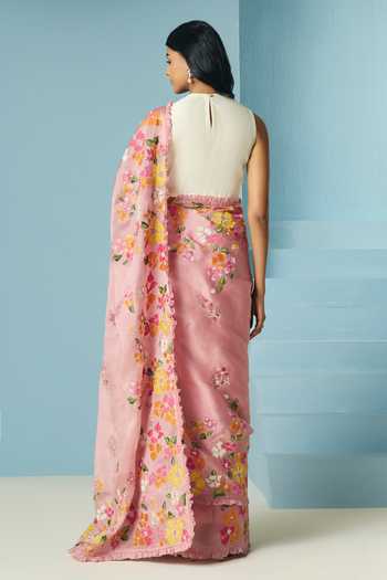 Shop_Chandrima_Ivory Chanderi Beads, Pearls, Applique Round Neck Origami Beaded Blouse _at_Aza_Fashions