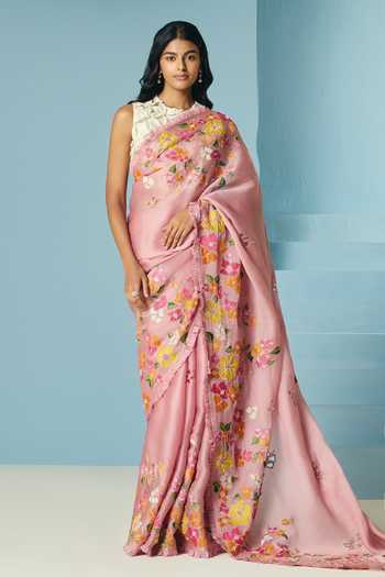 Chandrima_Ivory Chanderi Beads, Pearls, Applique Round Neck Origami Beaded Blouse _Online_at_Aza_Fashions