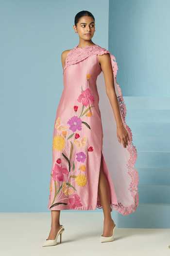 Chandrima_Pink Chanderi, Silk Organza Applique, Beads, Cut Work One Blush Draped Dress _Online_at_Aza_Fashions