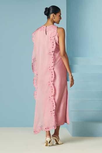 Shop_Chandrima_Pink Chanderi, Silk Organza Applique, Beads, Cut Work One Blush Draped Dress _at_Aza_Fashions