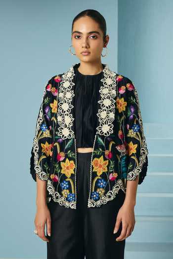 Buy_Chandrima_Black Chanderi Embroidery, Beads Open Neck Floral Foliage Flared Jacket _at_Aza_Fashions