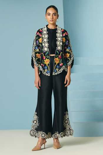 Buy_Chandrima_Black Chanderi Cut Work Bell Bottom Pant _at_Aza_Fashions