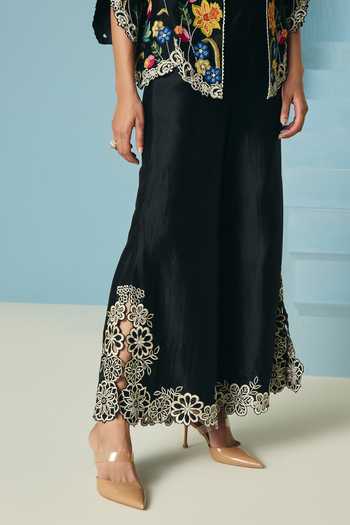 Chandrima_Black Chanderi Cut Work Bell Bottom Pant _Online_at_Aza_Fashions