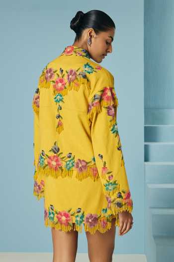Shop_Chandrima_Yellow Cotton, Twill Beads, Fringe Collared Mustard Floral Beaded Short Jacket _at_Aza_Fashions
