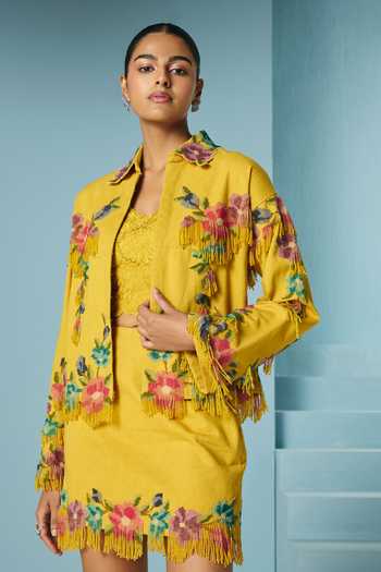 Buy_Chandrima_Yellow Cotton, Twill Beads, Fringe Collared Mustard Floral Beaded Short Jacket _at_Aza_Fashions