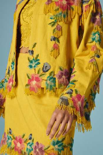Buy_Chandrima_Yellow Cotton, Twill Beads, Fringe Collared Mustard Floral Beaded Short Jacket _Online_at_Aza_Fashions