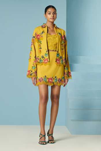 Buy_Chandrima_Yellow Cotton, Twill Beads, Fringe Mustard Floral Beaded Skirt _at_Aza_Fashions