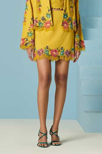Shop_Chandrima_Yellow Cotton, Twill Beads, Fringe Mustard Floral Beaded Skirt _at_Aza_Fashions