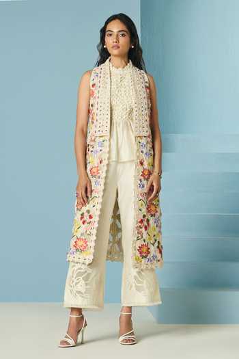 Buy_Chandrima_Ivory Chanderi Embroidery, Beads Floral Threadwork And Long Jacket _at_Aza_Fashions