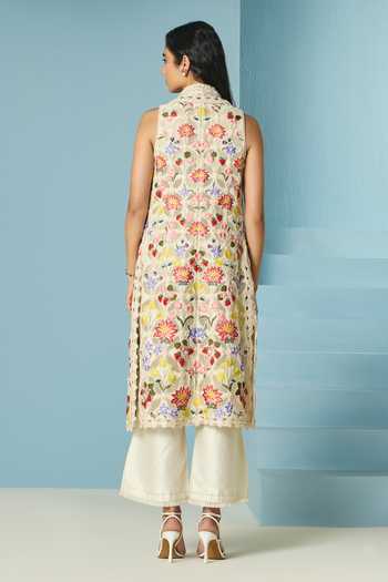 Shop_Chandrima_Ivory Chanderi Embroidery, Beads Floral Threadwork And Long Jacket _at_Aza_Fashions