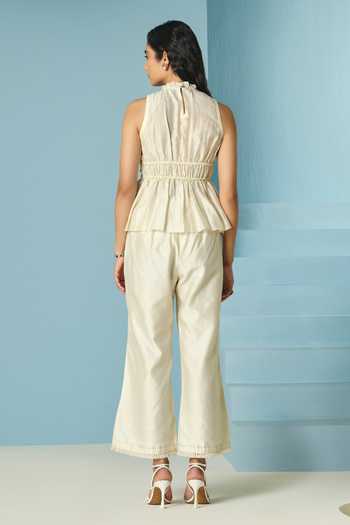 Shop_Chandrima_Ivory Chanderi Cut Work, Applique Checkered Pant _at_Aza_Fashions