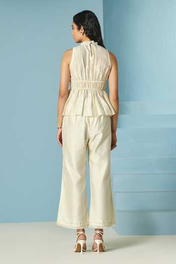 Shop_Chandrima_Ivory Chanderi Beads, Smocking Round Neck Beaded Smocked Top _at_Aza_Fashions