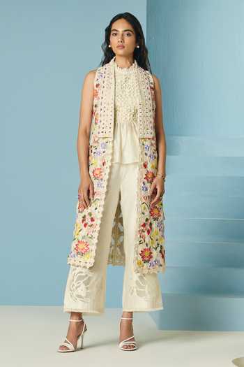 Chandrima_Ivory Chanderi Beads, Smocking Round Neck Beaded Smocked Top _Online_at_Aza_Fashions