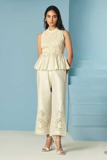 Buy_Chandrima_Ivory Chanderi Beads, Smocking Round Neck Beaded Smocked Top _Online_at_Aza_Fashions
