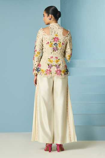 Shop_Chandrima_Ivory Chanderi Embroidery, Beads, Cut Work, Fringe Beadwork Cutout Jacket _at_Aza_Fashions
