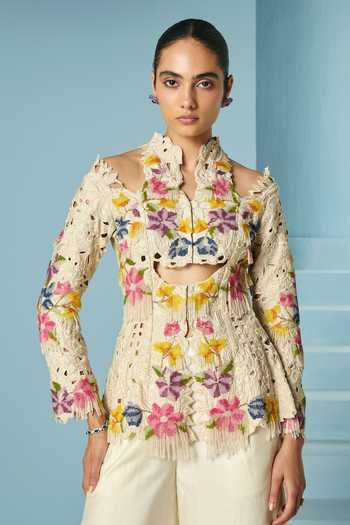 Buy_Chandrima_Ivory Chanderi Embroidery, Beads, Cut Work, Fringe Beadwork Cutout Jacket _at_Aza_Fashions