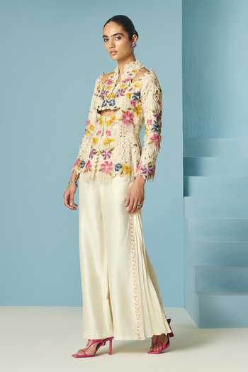 Chandrima_Ivory Chanderi Embroidery, Beads, Cut Work, Fringe Beadwork Cutout Jacket _Online_at_Aza_Fashions